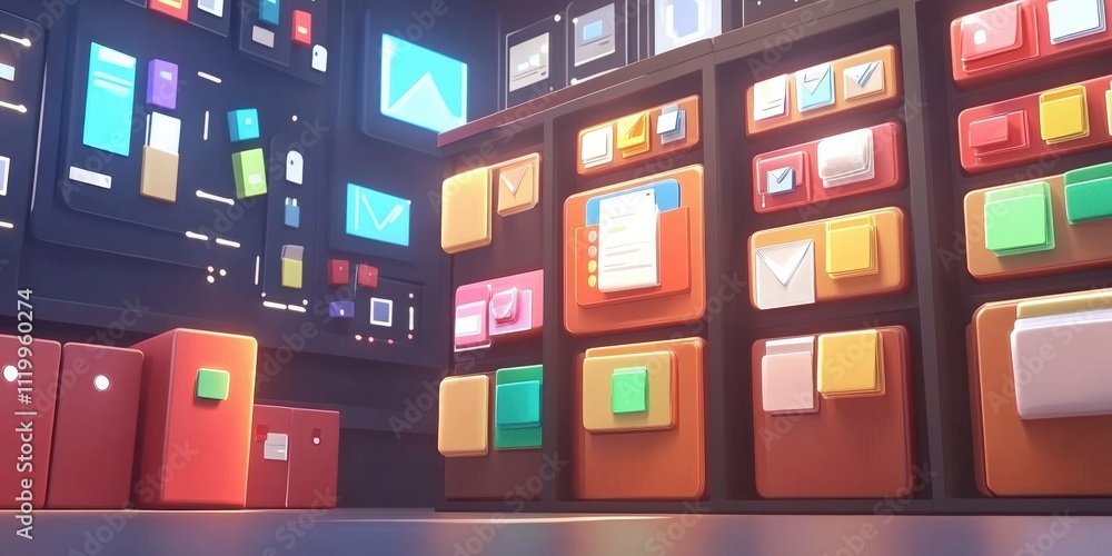 Poster abstract representation of a futuristic network grid showcasing colorful folders and files in a digi