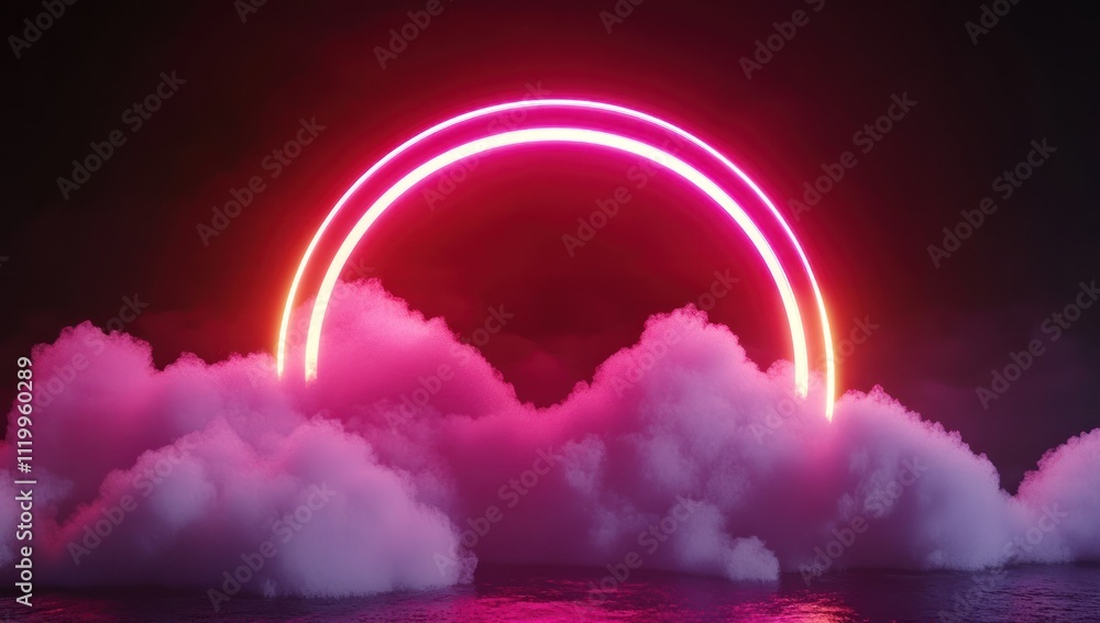 Aufkleber a vibrant neon arching rainbow above soft clouds, creating a surreal atmosphere.