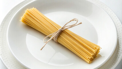 A neat bundle of uncooked spaghetti tied with twine, isolated on a white background