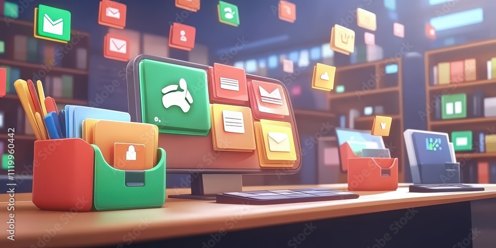 Poster abstract futuristic network grid with files and folders interconnected in a modern digital workspace