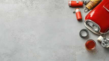 Fototapeta premium Flat Lay of Vintage Red Car Parts on Concrete Surface