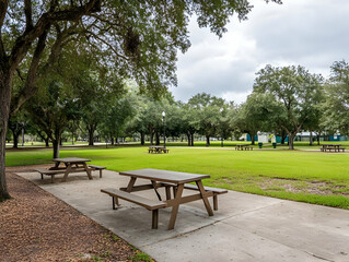A serene park scene with picnic tables surrounded by lush green grass and trees.
