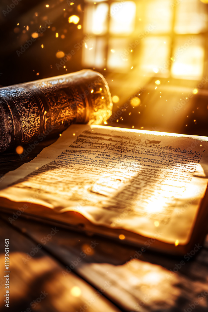 Poster golden light shines on an ancient magical contract, revealing dynamic symbols and intricate details 