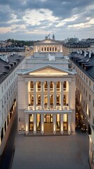 Fototapeta premium Architectural features are enhanced by the evening sky and soft lighting on a cloudy day