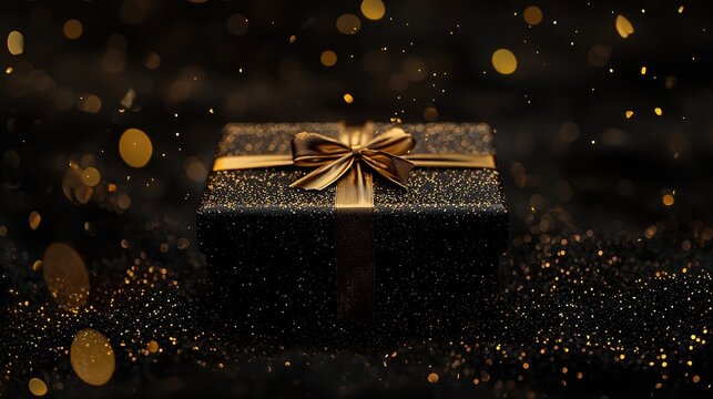 Black Gift Box with Golden Ribbon and Sparkles on Dark Background Radiating Luxury and Festive Elegance
