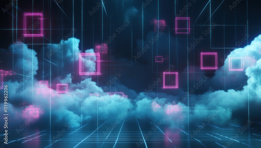 Poster futuristic digital landscape with clouds and glowing geometric shapes.