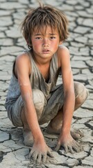 A young child sits on cracked earth, reflecting the impact of drought and environmental issues.