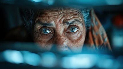 An evocative close-up of an elderly woman's expressive blue eyes gazing through narrow window slats, embodying wisdom and experience woven into every subtle glance.