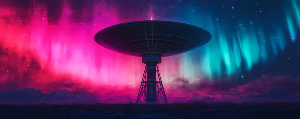 cosmic observatory station under vibrant auroras, transmitting encrypted signals. stunning colors of northern lights create mesmerizing backdrop against silhouette of station