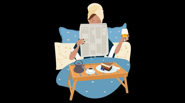 A young woman is relaxing in bed, reading a newspaper and enjoying a peaceful morning, holding a glass of a drink on a transparent alpha channel.
