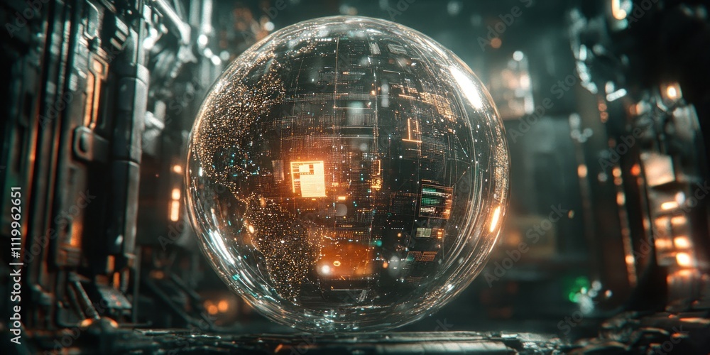 Aufkleber a futuristic, glowing orb encapsulating intricate technology in a dark, high-tech environment.