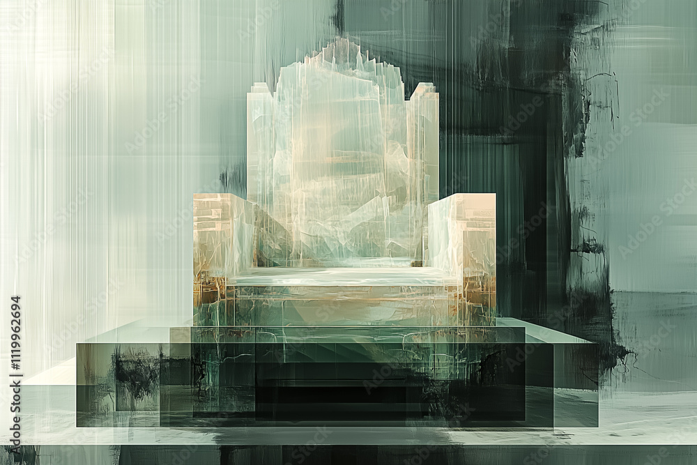 Poster an intricate glass formation stands tall, blending with an ethereal backdrop in a calm and imaginati
