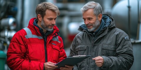 Fototapeta premium Caucasian male adults discuss project in industrial setting