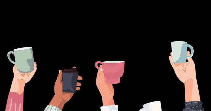 Hands holding cups of coffee or tea. Holiday loop animation on alpha channel.