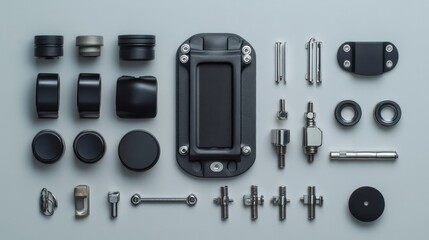 Collection of Industrial Parts and Components on Gray Background