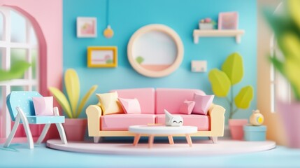 Fototapeta premium Dreamy 3D Paper Craft Living Room in Kawaii Style with Blurred Background - Cute 3D Paper Dollhouse Interior Design
