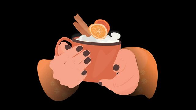 Hands hold a warm mug topped with marshmallows, cinnamon sticks, and citrus slices. Cozy orange sleeves with snowflake patterns add a festive touch. The background is transparent.