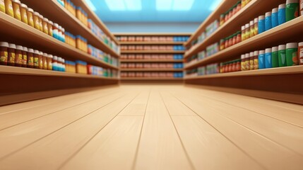 Supermarket aisle with stocked shelves seen from a low angle perspective