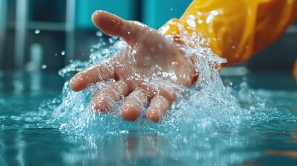 Fototapeta premium A person's hand creates a splash of crystal-clear water, capturing the intricate details and motion of the water droplets against a blurred background.