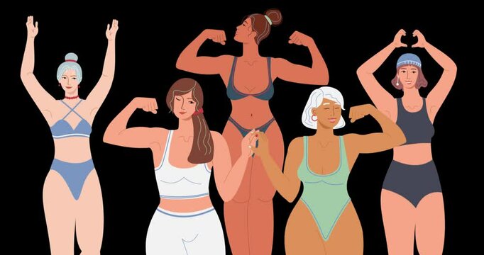 Motion graphics video of women for the body positivity movement on a transparent alpha channel in a seamless loop.