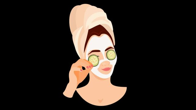Woman with a refreshing face mask and cucumbers on a transparent alpha channel in a seamless loop.