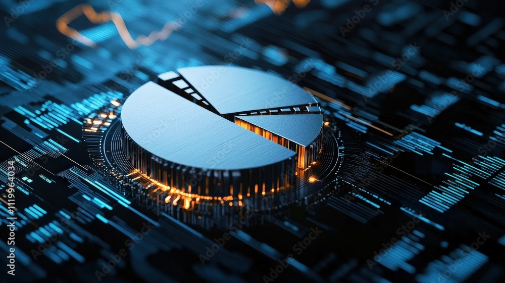 Poster Close-up of a glowing white pie chart on a dark digital background, emphasizing financial data distribution