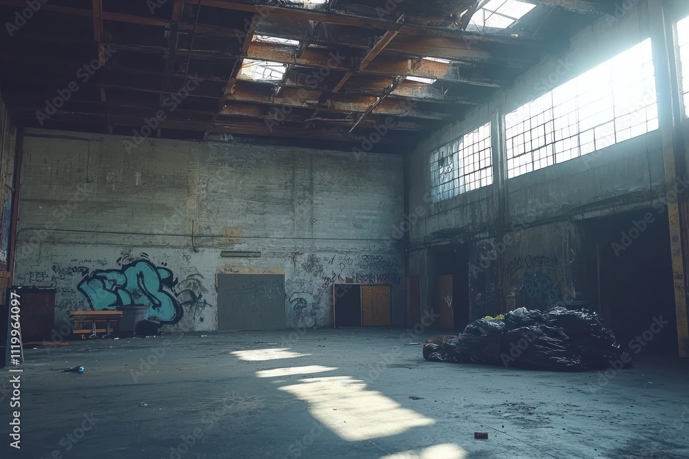 Aufkleber an empty, graffiti-adorned warehouse with sunlight filtering through broken windows.