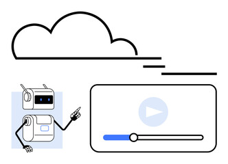 Robot with antennae pointing at a minimalist cloud, play button, video progress bar. Ideal for technology, AI, robotics, media streaming, cloud services, user interface, digital innovation themes