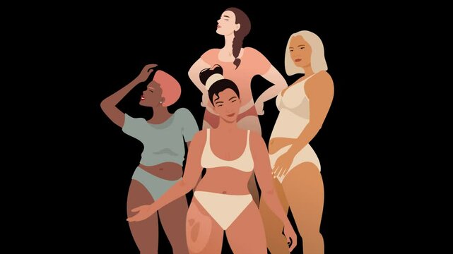 A short loop animation featuring four multiracial women dressed in lingerie as isolated characters. The women appear happy and confident, celebrating body positivity and self-love.