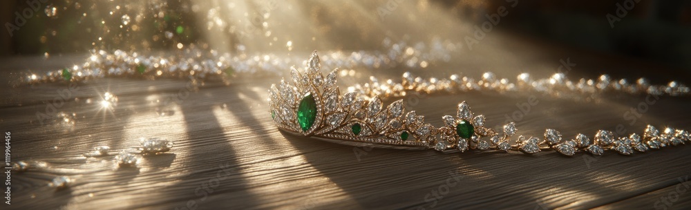 Poster a sparkling tiara and necklace adorned with green gems, illuminated by soft light.