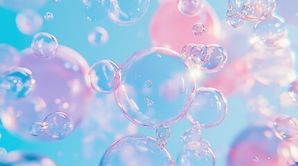 Soft Pink and Transparent Soap Bubbles on Blue Background: Dreamy and Playful Design.