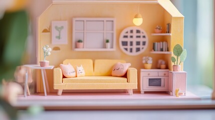 Whimsical 3D Paper Diorama of a Cozy Kawaii Living Room with Blurred Background and Dollhouse Vibe