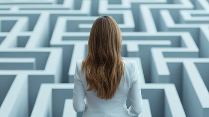 Businesswoman navigating a complex maze in search of solutions and clarity