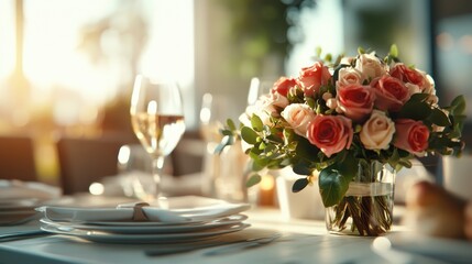 Obraz premium A table set for dining is illuminated by sunlight, showcasing a delicate arrangement of pink and white roses, cutlery, and glassware, ideal for serene occasions.