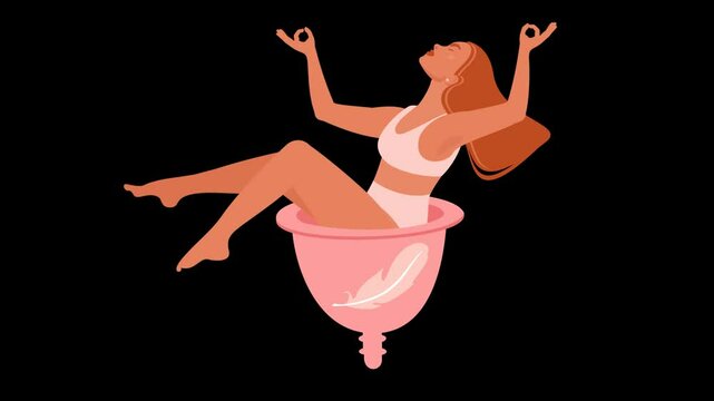 A young woman sitting blissfully in a menstrual cup on alpha loop animation.