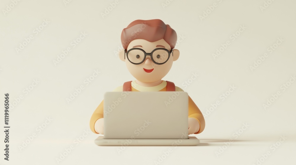 Aufkleber a cheerful cartoon character working on a laptop, representing online learning or productivity.