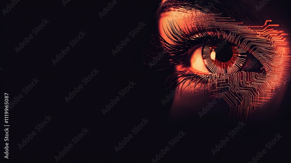 Poster close-up of a human eye with glowing circuit patterns highlighting technological integration