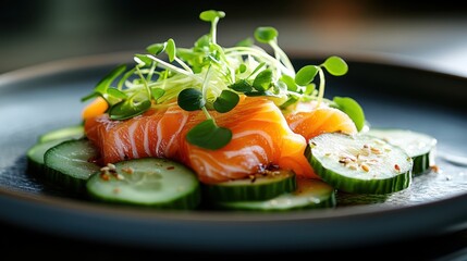 A delicate arrangement of fresh salmon atop sliced cucumbers, garnished with greens, herbs, and sesame seeds, presented on a sleek, modern plate style.