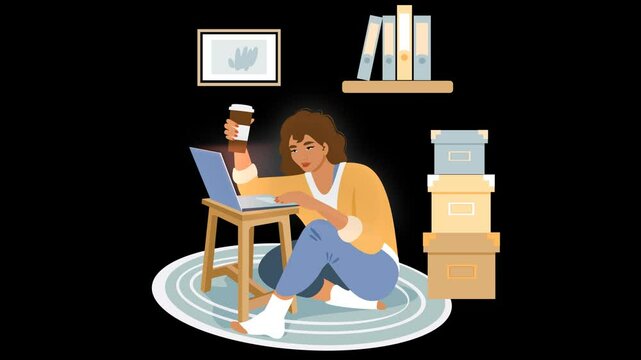 A young woman sits cross-legged on a rug, working on her laptop at home while holding a coffee on alpha channel.