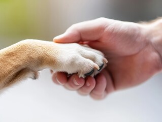 Dog shows trust to veterinarian with gentle paw gesture during a checkup