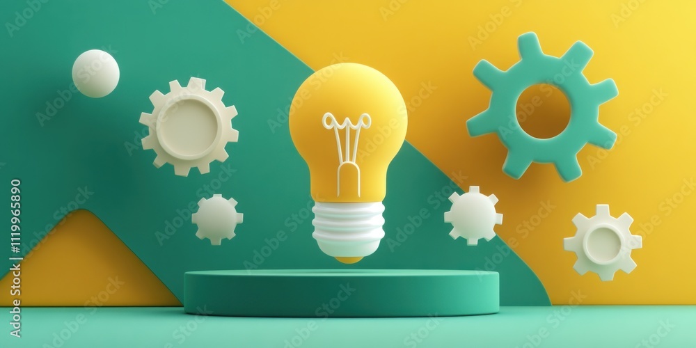 Poster a stylized light bulb surrounded by gears on a colorful background, symbolizing innovation.