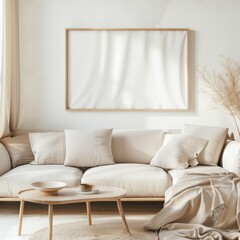 Minimalist living room interior with a large empty frame on the wall. a light-colored sofa with pillows. a wooden coffee table with a bowl and a cup. and a throw blanket on the floor