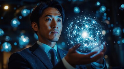 A man in a suit holding a glowing sphere. Generative AI