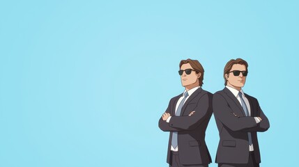 Confident business partners standing united in professional attire against a blue background