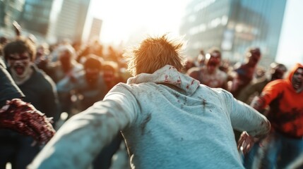 A man in a gray hoodie flees from a chasing zombie mob through a modern cityscape, portraying a dramatic scene of terror, urgency, and life-threatening escape.