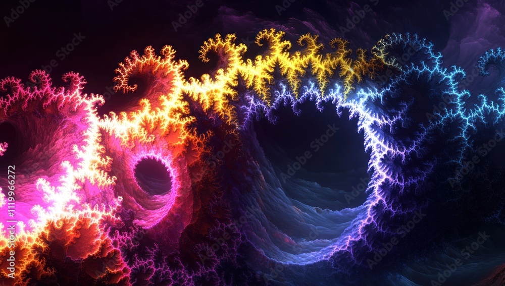 Poster a vibrant fractal design showcasing swirling patterns in bright colors.
