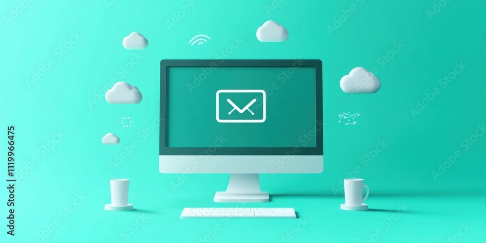 Poster A computer displaying an email icon with clouds and cups, symbolizing digital communication.