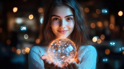 Naklejka premium A woman is holding a glowing orb in her hand. Generative AI