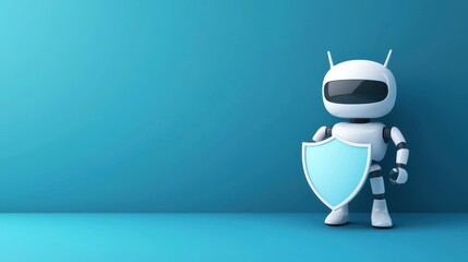 Cute robot with glowing shield promotes safety and protection in a colorful environment