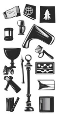 Obraz premium Set of Icons, Shapes, Objects, Black and White, Lawyer and Law Firm, on White Background, Abstract Image, Texture, Pattern Background, Wallpaper, Cover and Screen of Smartphone, PC, Laptop, 9:16 and 1